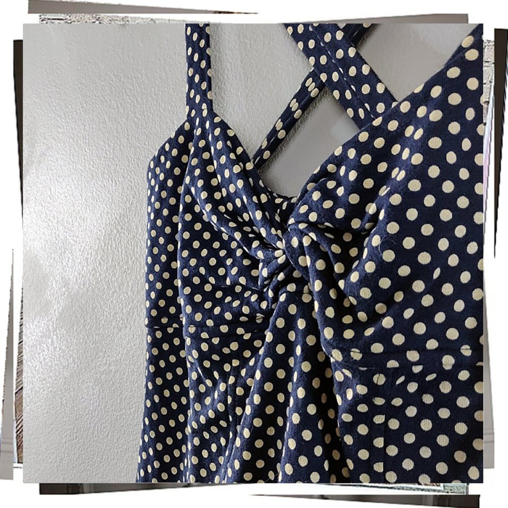 NWOT: Retro Blue & Creamy White Polka Dot Top w/ Fabric Knot at Front (S) - Picture 5 of 9